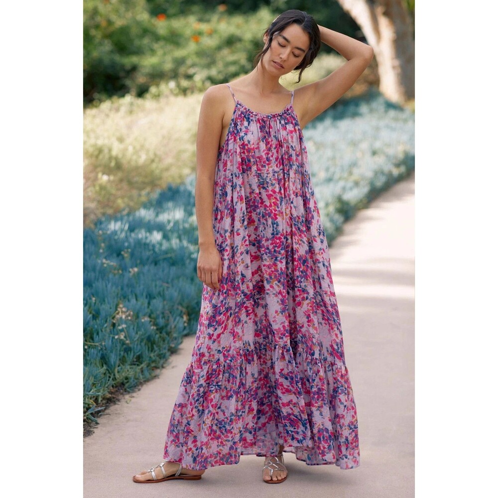 Anthropologie Flounced Maxi Cover-Up Dress Modal Lounge MEDIUM Mulberry Beach